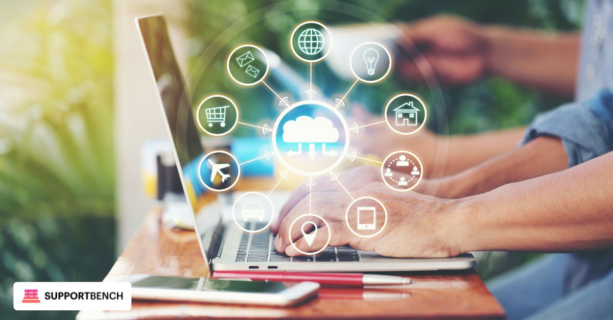 A man with headphones holds a phone, surrounded by icons representing omnichannel customer support services.