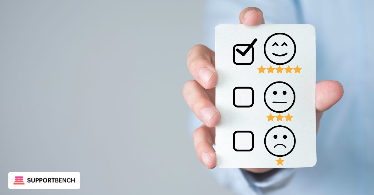 A person hands a paper smiley face to another, symbolizing exceptional customer service and positive interactions