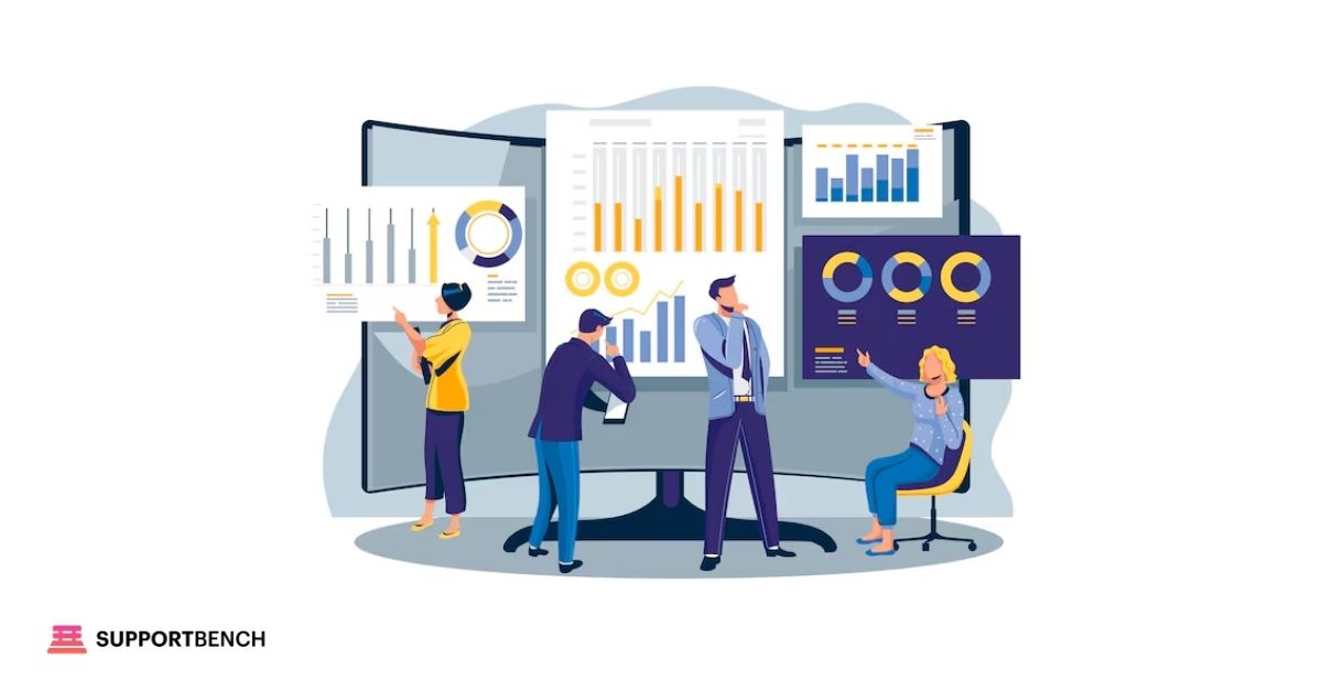 Business team analyzing multiple charts and graphs on large screens, illustrating market research, financial analysis, and business development planning.