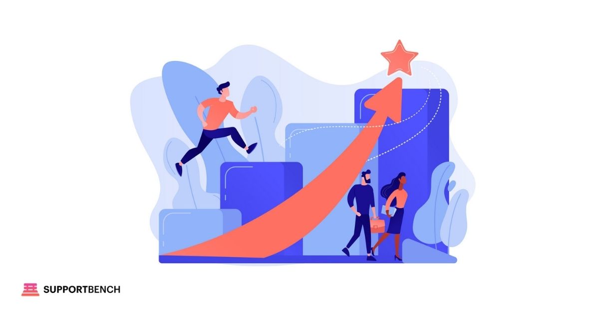 Illustration of business development concept showing a man running upward on a growth arrow toward a star, symbolizing success and achievement, with colleagues observing progress
