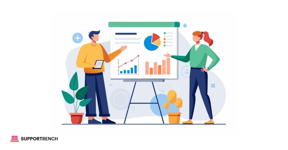 Two people analyzing business data on a large screen displaying charts and graphs, with one person holding a magnifying glass to emphasize details