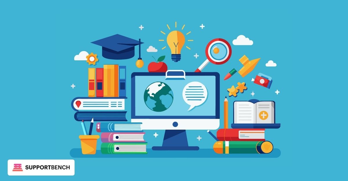 Abstract illustration featuring a central light bulb surrounded by icons of books, graphs, magnifying glass, computer, graduation cap, and data charts, symbolizing ideas, learning, and information sharing, representing knowledge base software