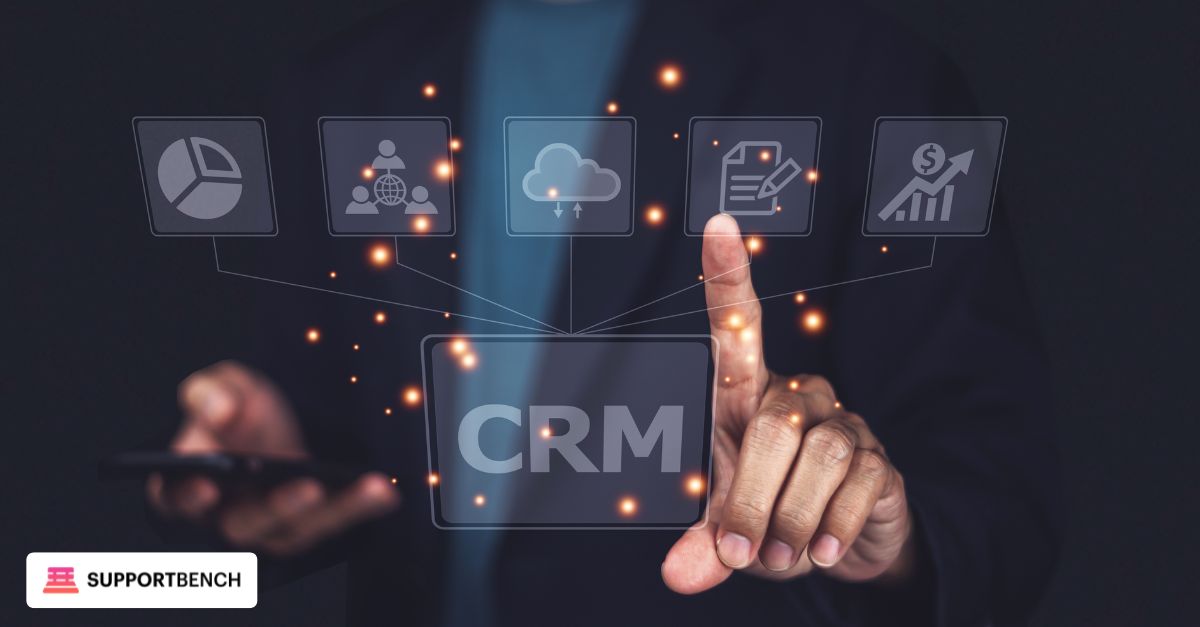 Business professional using a digital interface with CRM icons representing analytics, cloud, automation, and customer management.