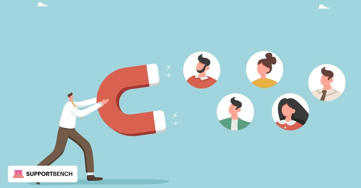 Illustration titled "Customer Retention" showing a man holding a large magnet attracting customer profiles