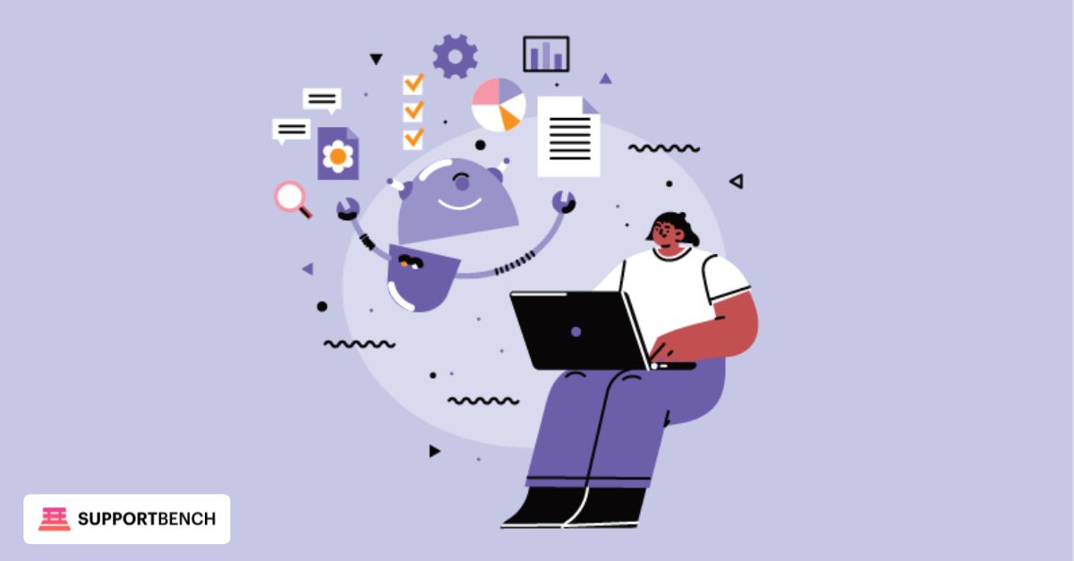 A support agent works at a computer while a digital AI interface projects