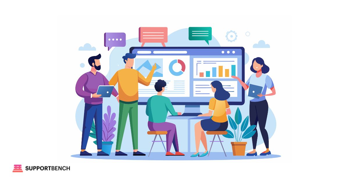 A group of professionals collaborate in front of a large screen