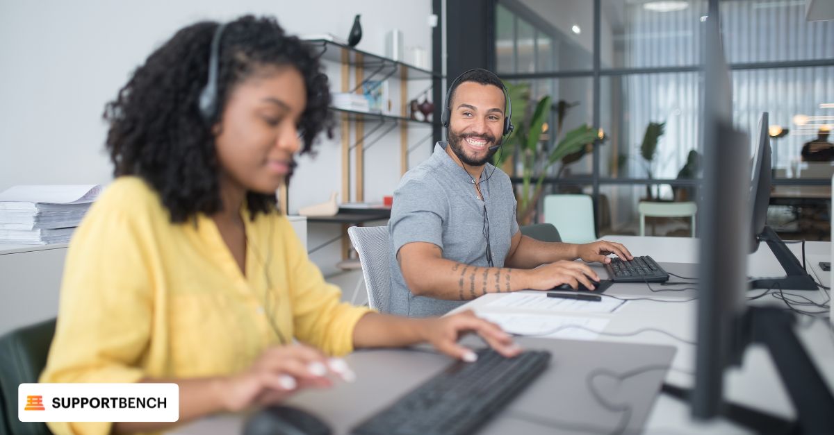 A man in headphones and a woman with a headset, illustrating teamwork in call center productivity and performance metrics