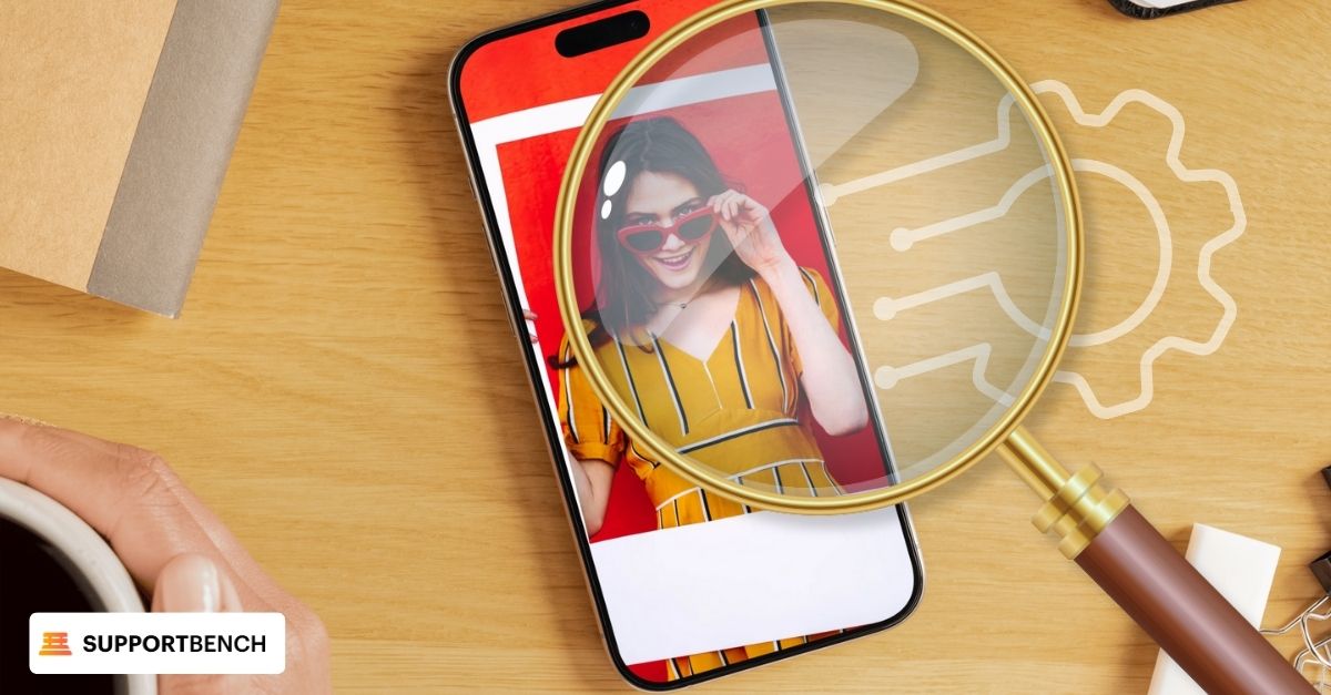 A magnifying glass highlights a person's profile, symbolizing customer insights from ticketing and support data
