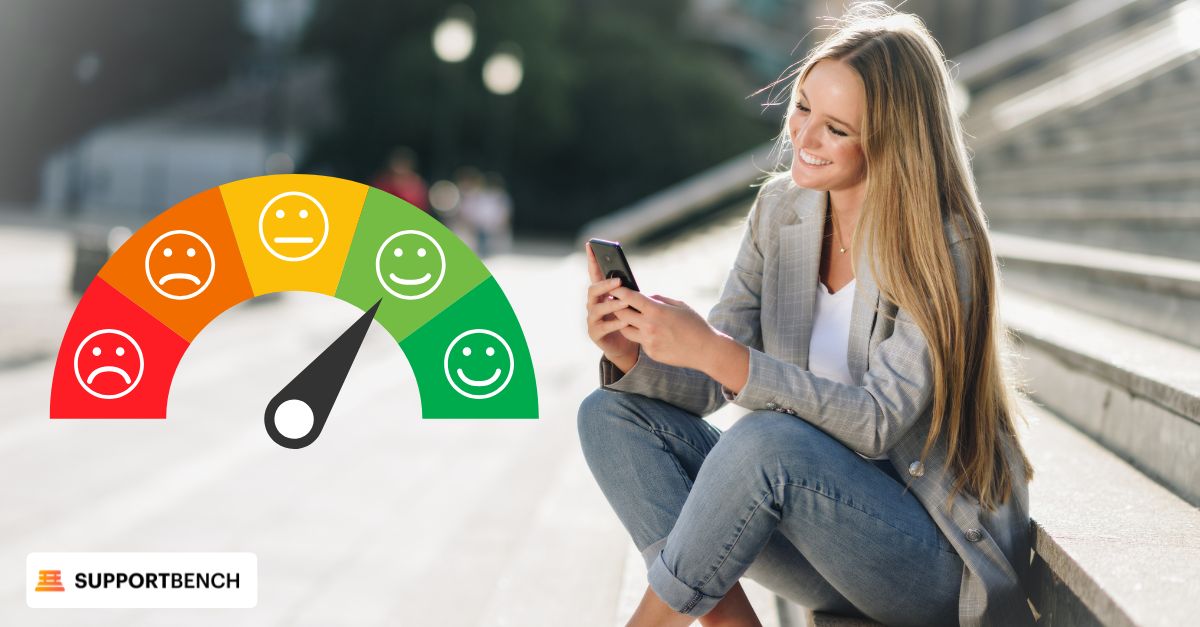 A woman checks her phone, smiling at a happy face icon, reflecting customer satisfaction
