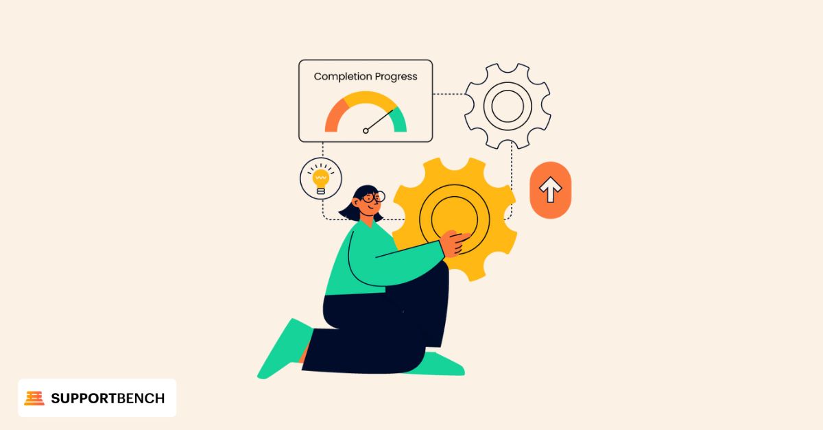 A person displays a gear, illustrating customer support automation and optimized workflows