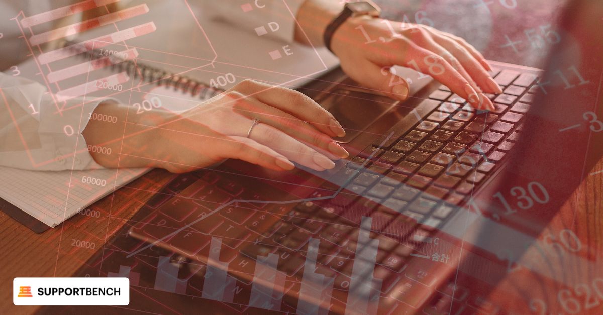 A person working on a laptop surrounded by graphs and analysis charts showing SLA compliance rate post-escalation