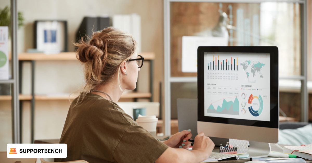 A person analyzes a computer screen displaying graphs and charts of agent performance metrics and KPIs