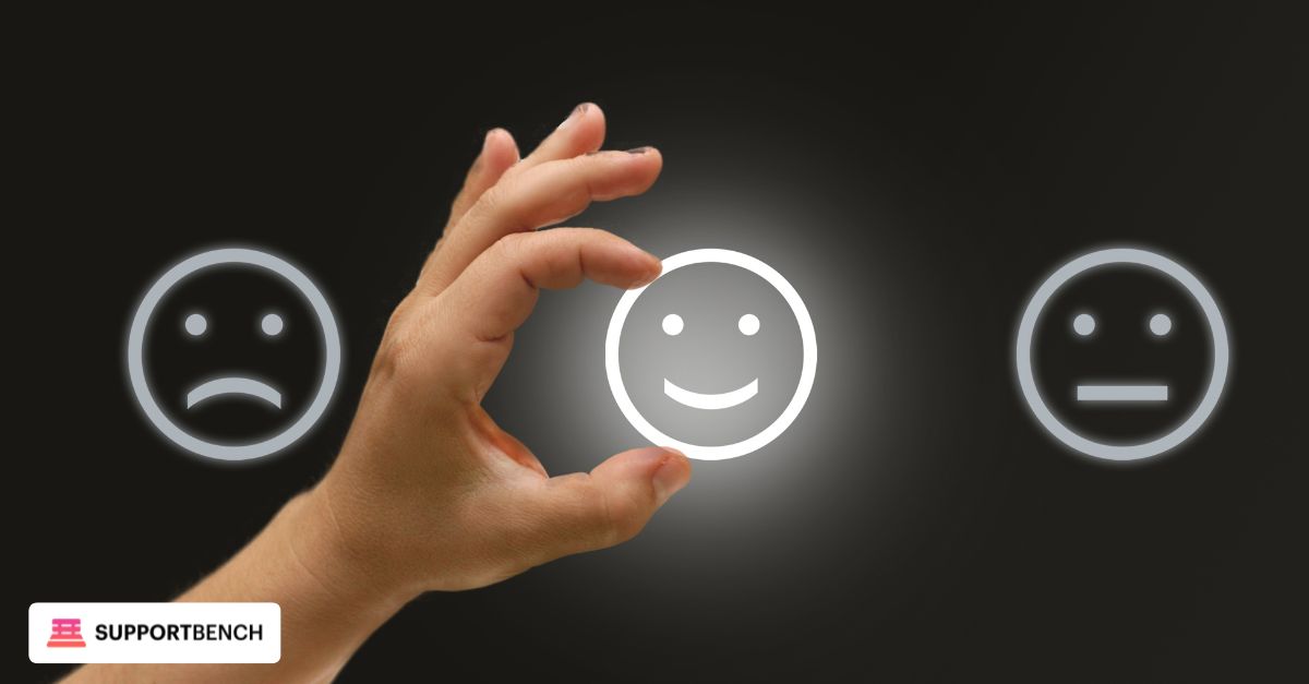 Hand holding a magnifying glass with five stars and a smiley face, symbolizing support metrics for a manager.