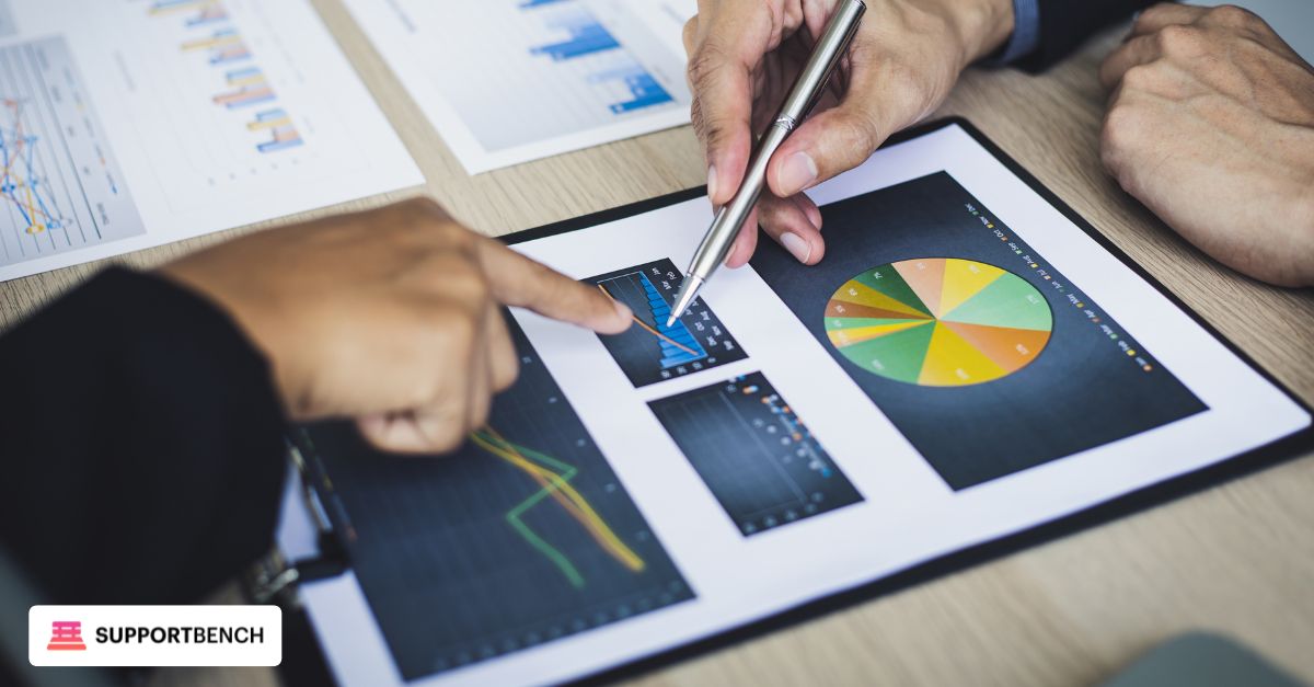 An image of two specialists managing checklists and tickets, illustrating the concept of ticket volume and backlog as a key metric for support managers