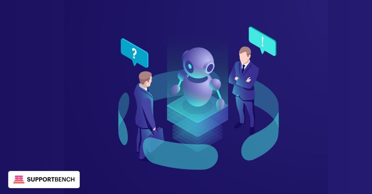 Illustration of two business professionals interacting with a holographic robot assistant, symbolising how AI is transforming business communication.