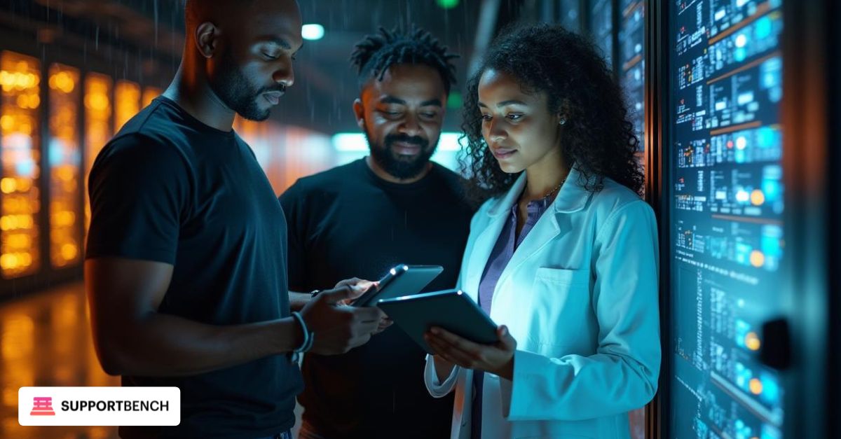 Two IT professionals in a secure data center reviewing compliance reports on a tablet