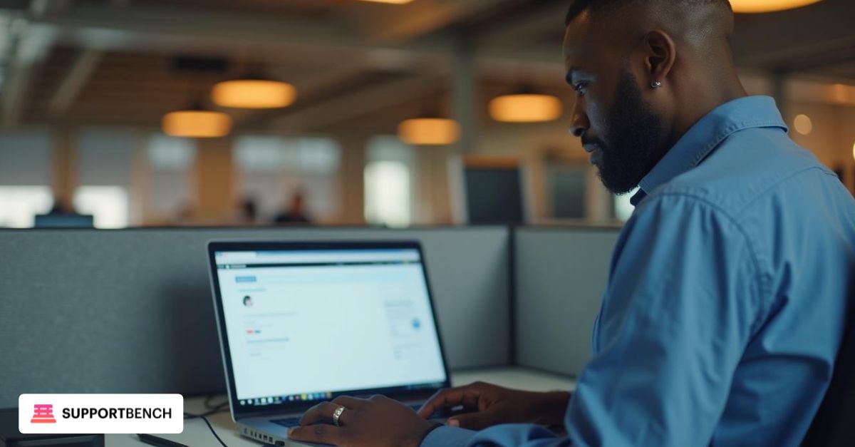 A client resolving the issue using an MSP’s branded self-service portal on a laptop