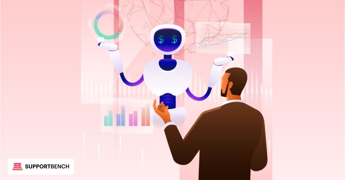 Illustration of a business professional interacting with an AI robot displaying charts and graphs, representing how AI is transforming business communication