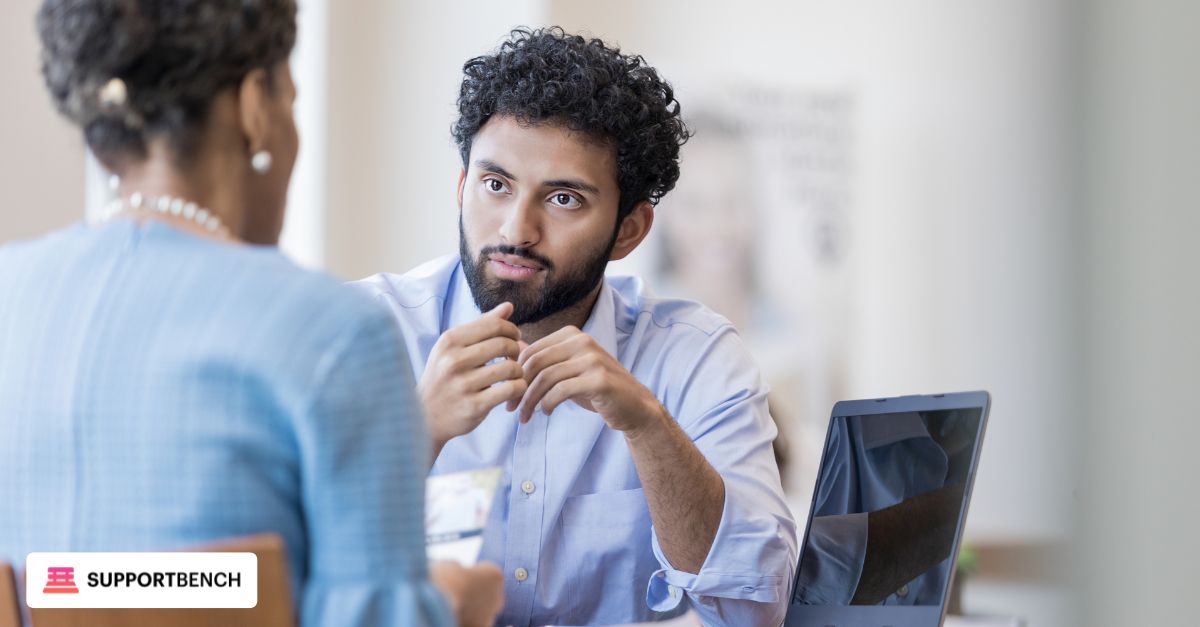A business client looking frustrated, with a support agent on the other side appearing concerned