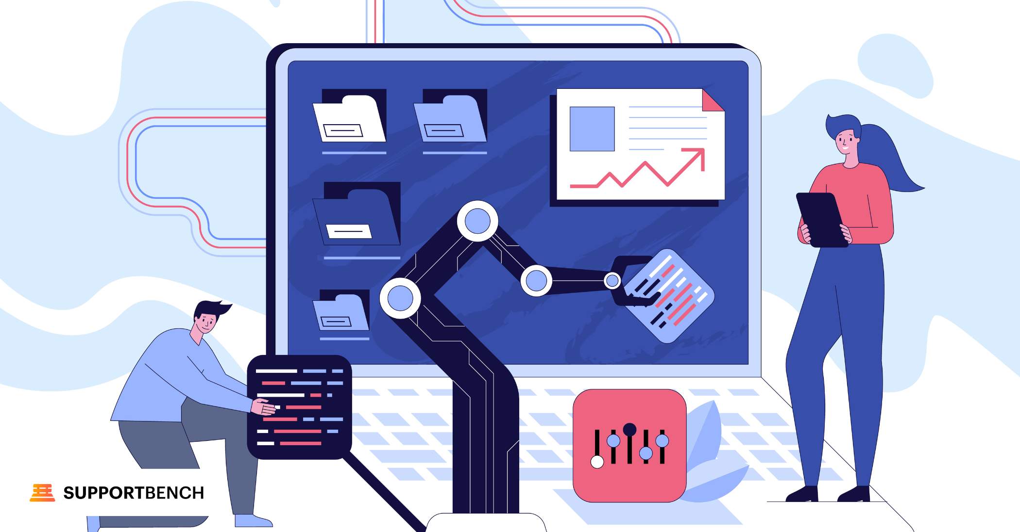 A graphic image including a flowchart that demonstrates workflow automation using AI.