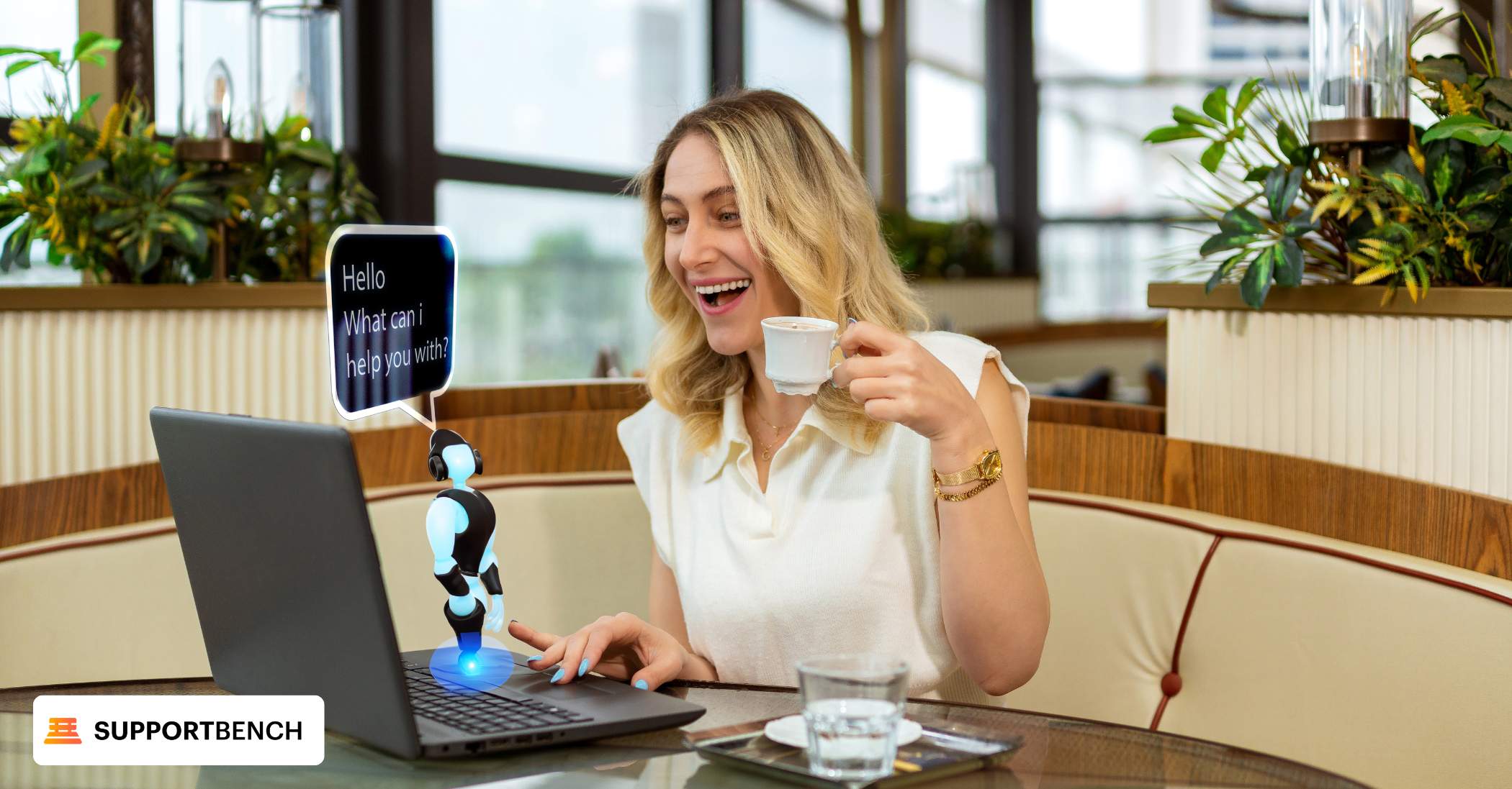 A businesswoman smiles at her laptop, utilizing AI tools to elevate customer service experiences.