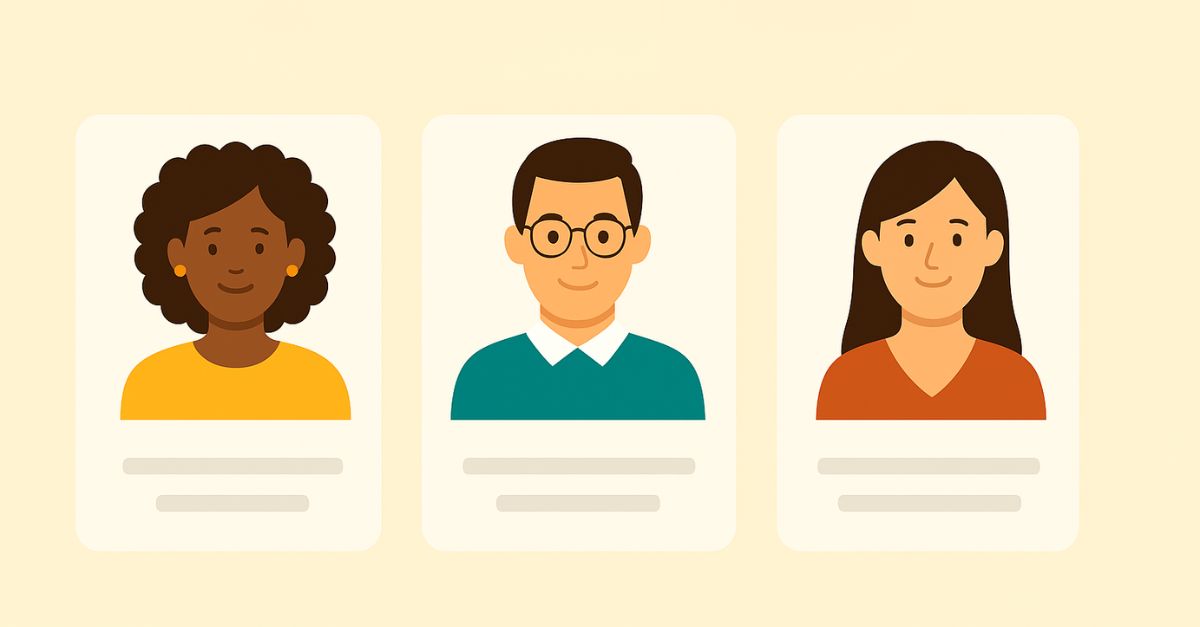 Cards with the faces of three people, symbolizing customer segmentation on Supportbench
